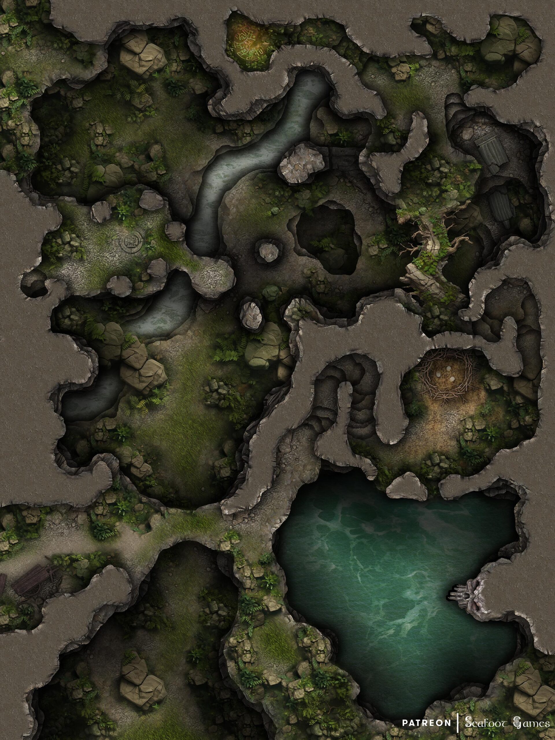 Greenbelt Cavern Lagoons Free 40x30 Multi-Level DnD Battlemap & Adventure, featuring a trip into a dangerous tribal afterlife. VTT ready!