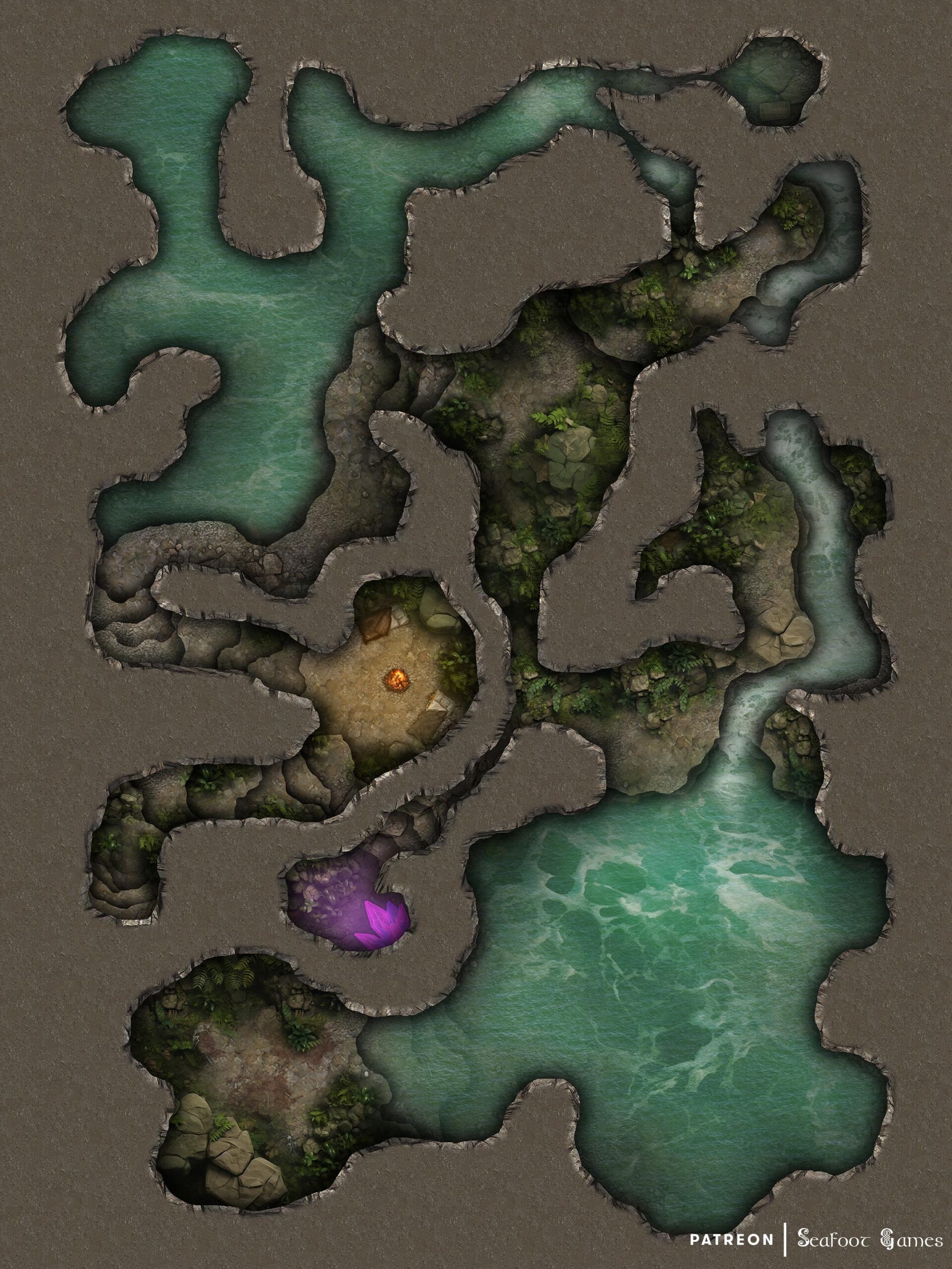 Greenbelt Cavern Lagoons Free 40x30 Multi-Level DnD Battlemap & Adventure, featuring a trip into a dangerous tribal afterlife. VTT ready!