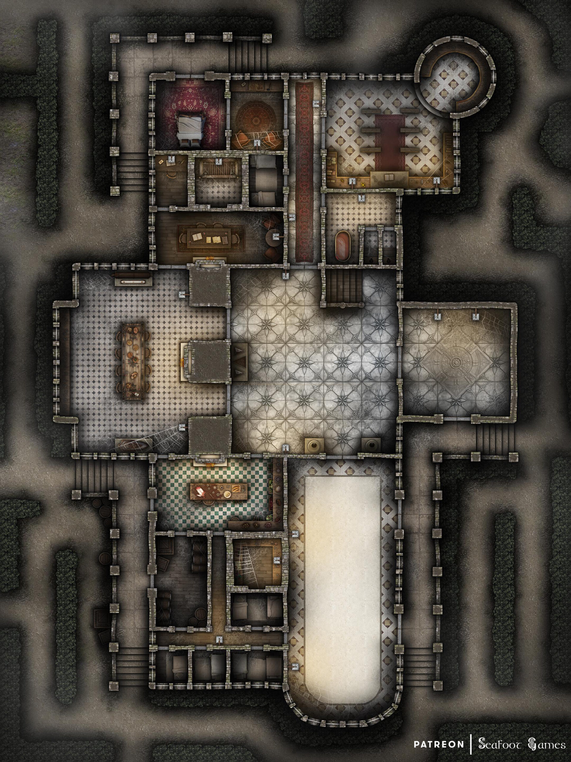 Level 1 of our Haunted Manor Free 40x30 Multi-Level Battlemap & Adventure, featuring the haunted ruins of a mansion with a disturbing past. VTT ready