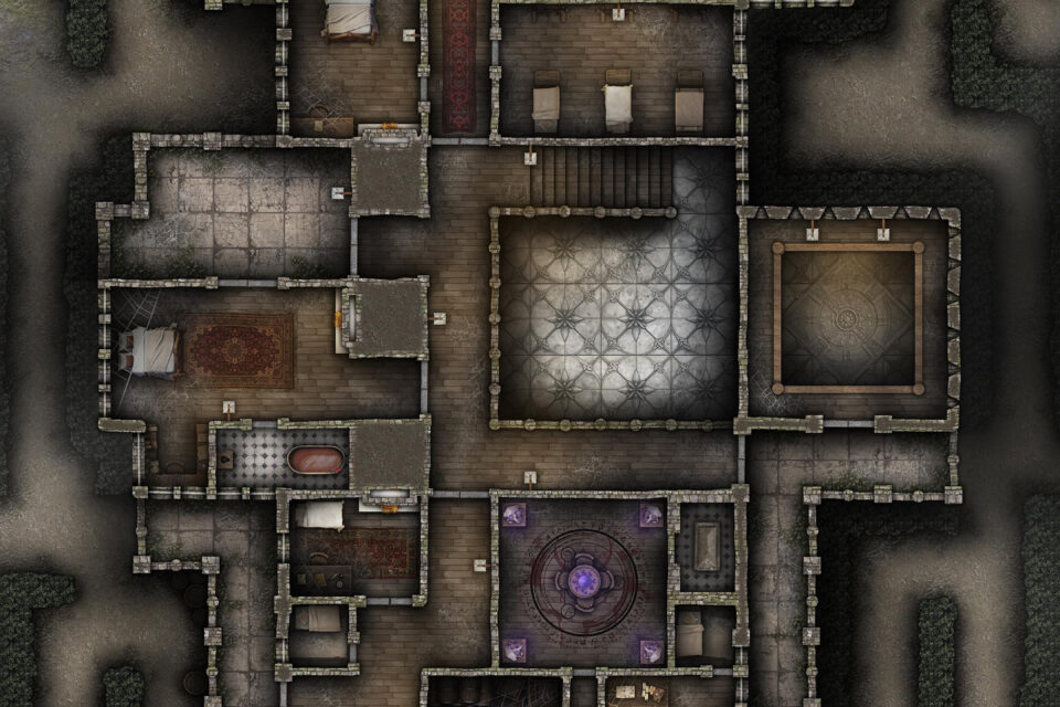 Layer 2 of our Haunted Manor Free 40x30 Multi-Level Battlemap & Adventure, featuring the haunted ruins of a mansion with a disturbing past. VTT ready