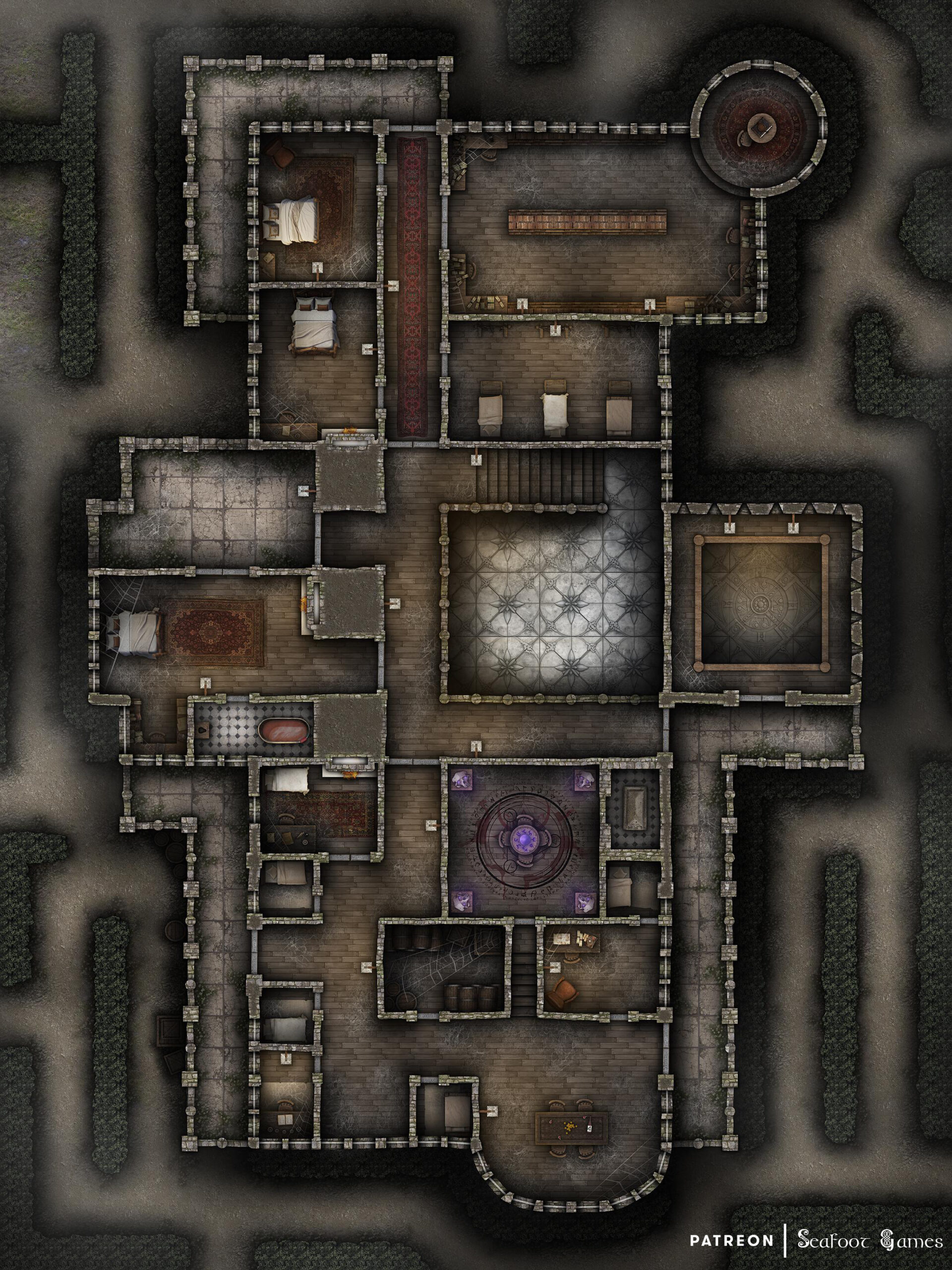 Layer 2 of our Haunted Manor Free 40x30 Multi-Level Battlemap & Adventure, featuring the haunted ruins of a mansion with a disturbing past. VTT ready