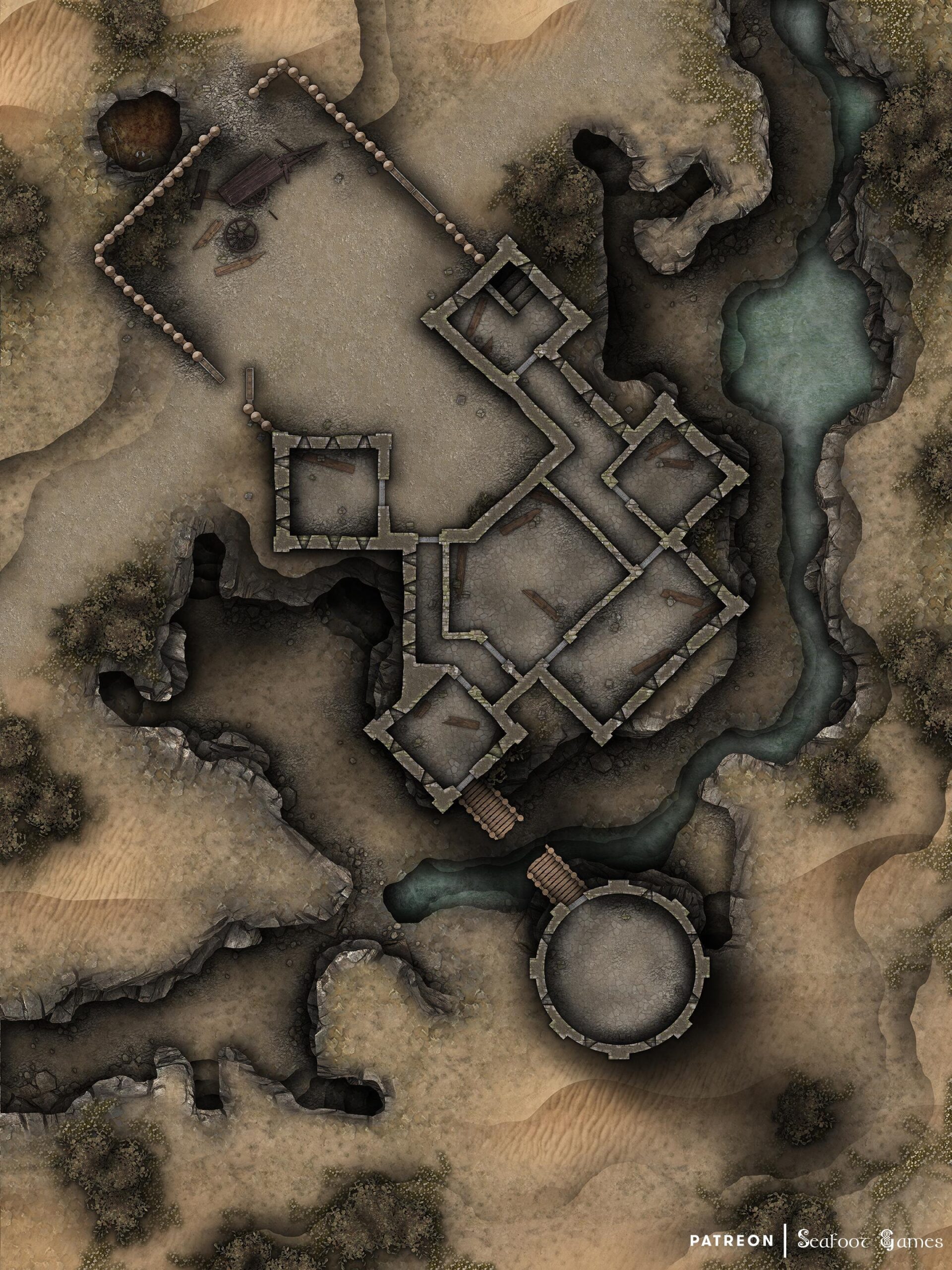 Level 1 of our Ruined Desert Outpost Fortress Free 40x30 Multi-Level Battlemap & Adventure, featuring those who dwell beneath the sands. VTT ready!