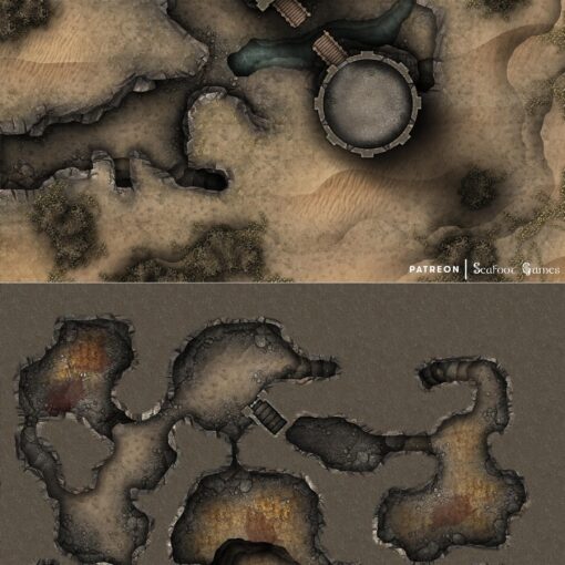 Ruined Desert Outpost Fortress Free 40x30 Multi-Level Battlemap & Adventure, featuring those who dwell beneath the sands. VTT ready!