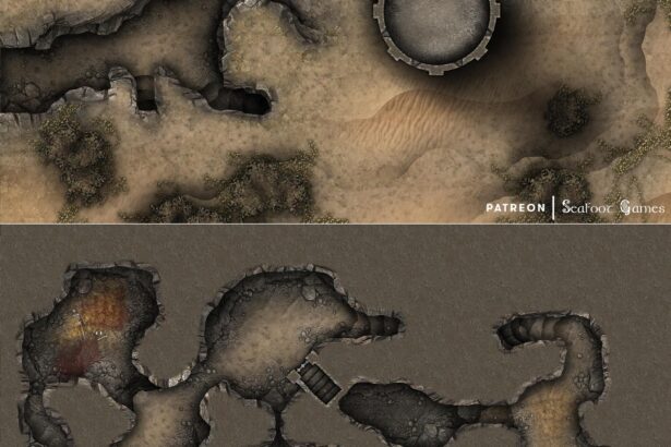 Ruined Desert Outpost Fortress Free 40x30 Multi-Level Battlemap & Adventure, featuring those who dwell beneath the sands. VTT ready!