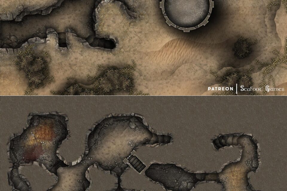 Ruined Desert Outpost Fortress Free 40x30 Multi-Level Battlemap & Adventure, featuring those who dwell beneath the sands. VTT ready!