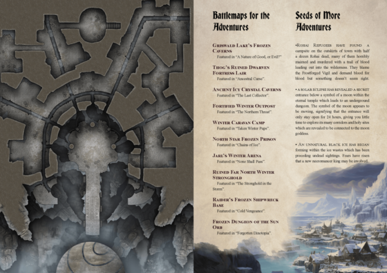 Download the Skall Adventurer’s Guide TTRPG Battlemap Bundle and embark to an arctic town rich in dwarven history which is currently struggling with cultural clashes brought upon by an influx of refugees fleeing their icy homes. Take your players to this frozen location and spend at least 10 dangerous sessions, resolving conflicts, exploring ancient ruins, curing curses and battling the dangerous creatures of the far north.