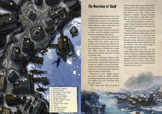 Download the Skall Adventurer’s Guide TTRPG Battlemap Bundle and embark to an arctic town rich in dwarven history which is currently struggling with cultural clashes brought upon by an influx of refugees fleeing their icy homes. Take your players to this frozen location and spend at least 10 dangerous sessions, resolving conflicts, exploring ancient ruins, curing curses and battling the dangerous creatures of the far north.