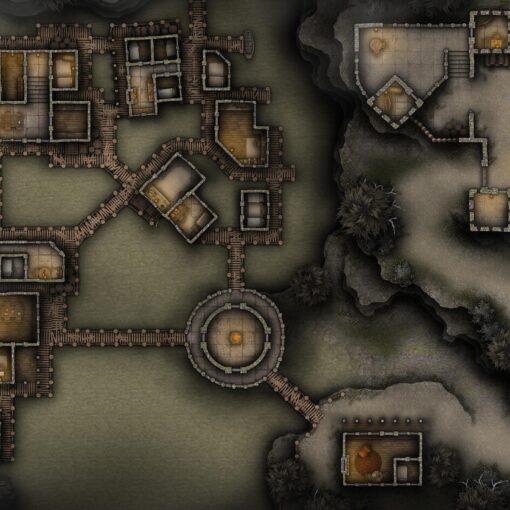 Swamp Village Fortress Free 60x40 Battlemap & Adventure, featuring a curse decimating a remote village. Do they deserve it? VTT ready!