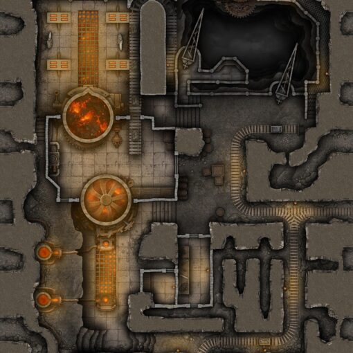 Underground Forge Complex Free 40x30 Battlemap & Adventure featuring malfunctioning gnomish magi-tech in a Dwarven mine. VTT ready!