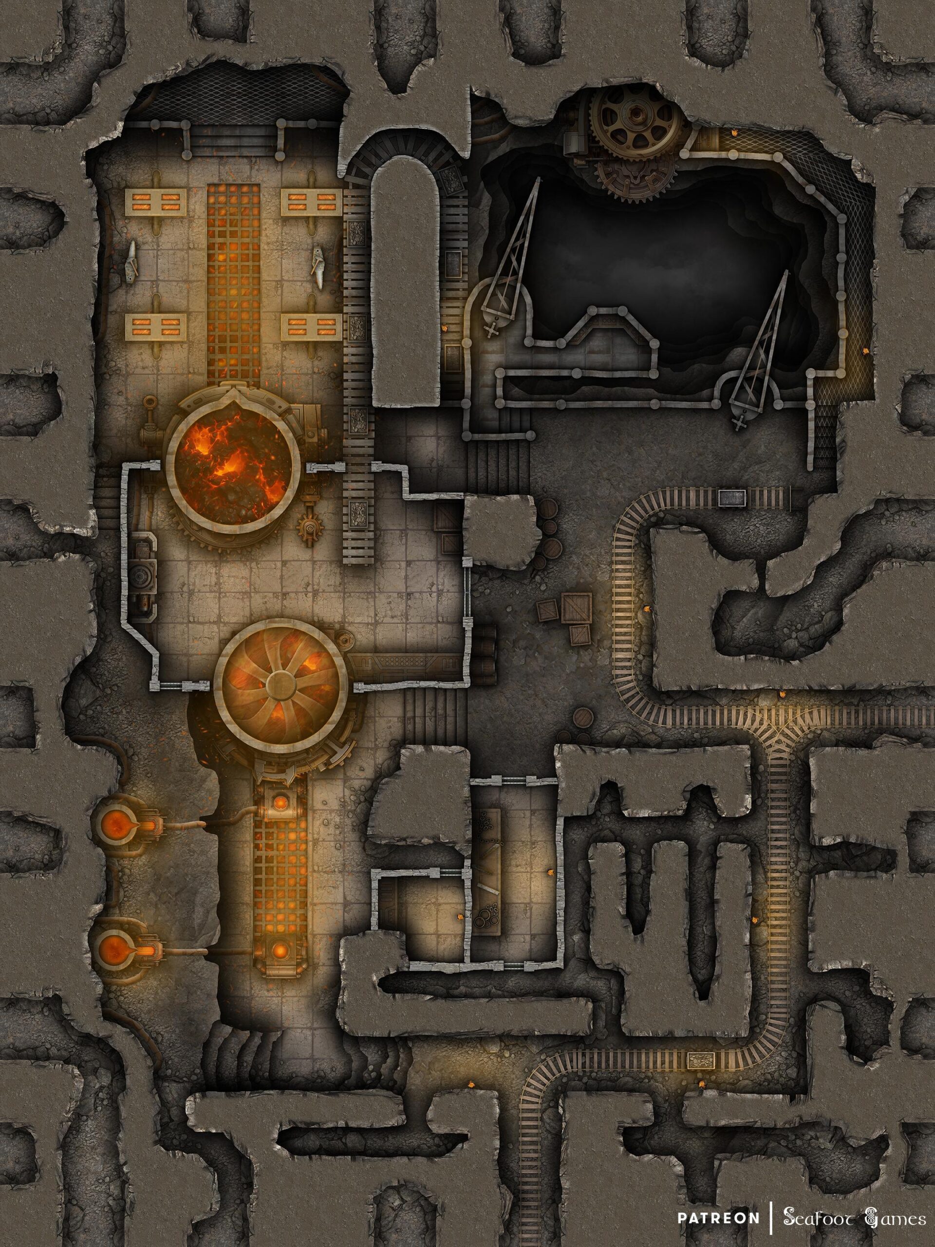 Underground Forge Complex Free 40x30 Battlemap & Adventure featuring malfunctioning gnomish magi-tech in a Dwarven mine. VTT ready!