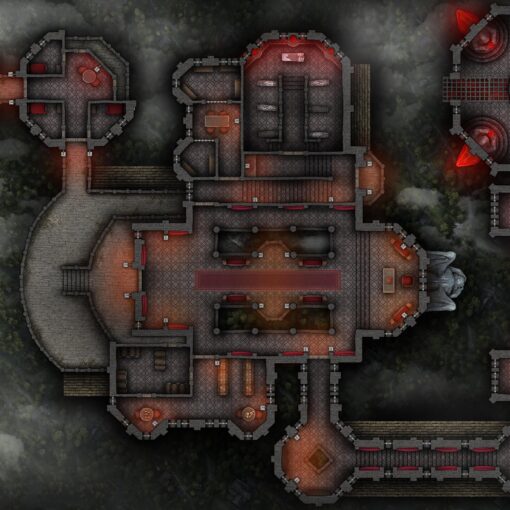 City Vampires Floating Blood Citadel Free 60x40 Battlemap, with leery red lighting and gothic design. VTT ready!