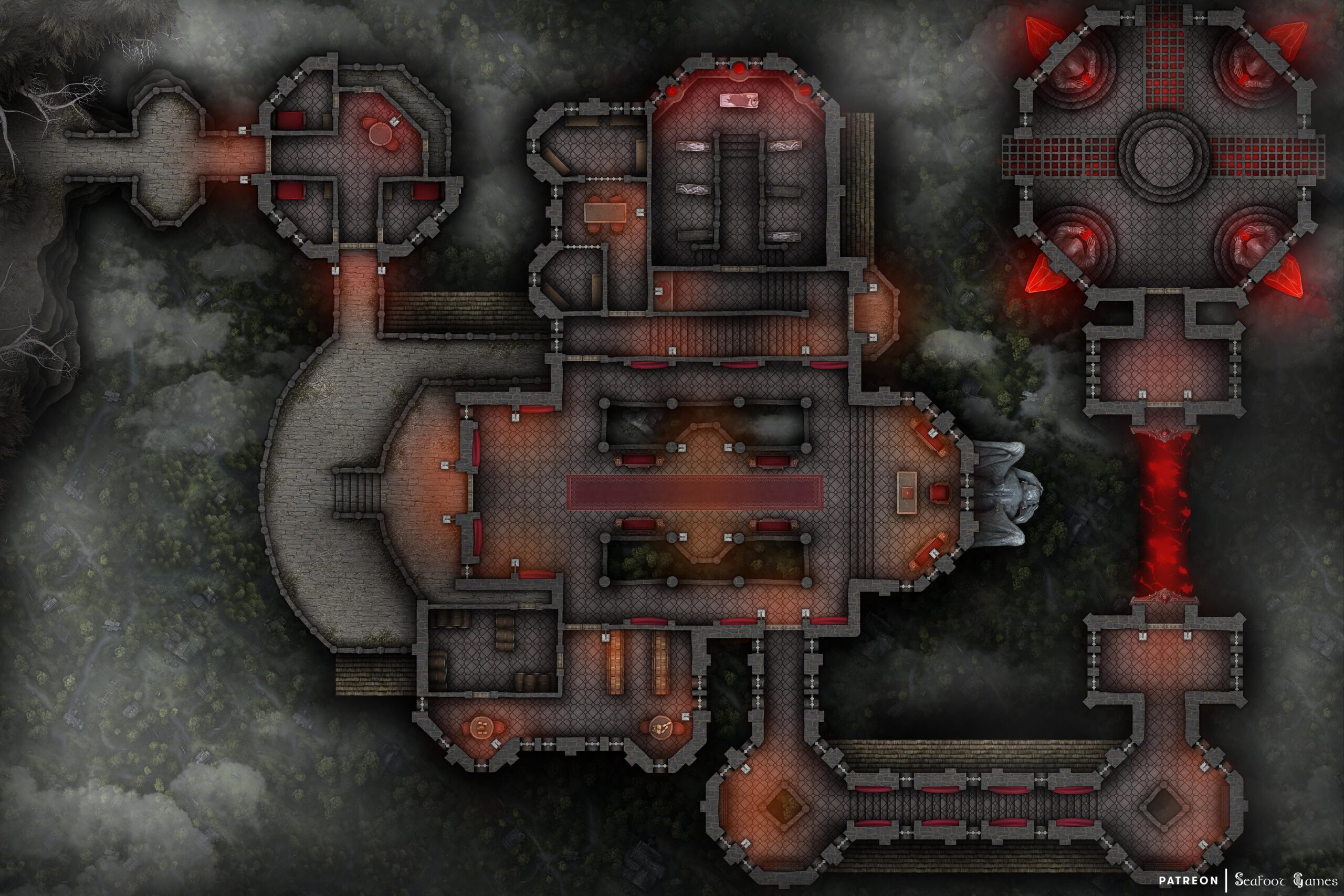 Vampires Floating Blood Citadel Free 60x40 Battlemap, with leery red lighting and gothic design. VTT ready!